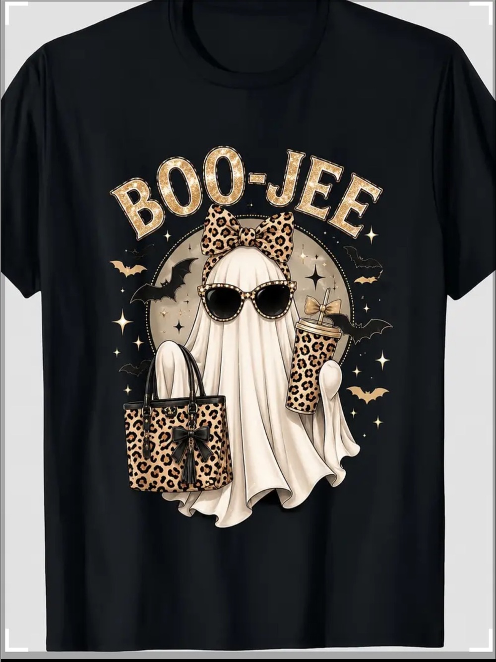 Boo-Jee Black Halloween Ghost Tee with Leopard Accents